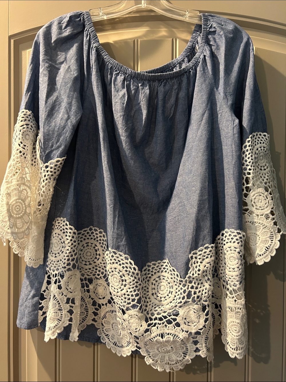 Unique Spectrum Light Blue Peasant Tunic with White Crochet Trim